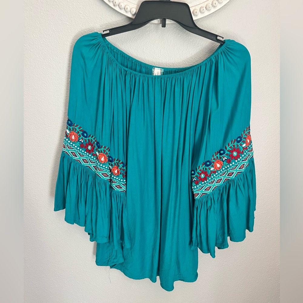 Embroidered Teal Off-Shoulder Peasant Top